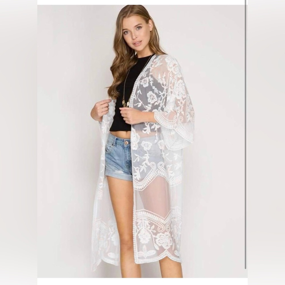 White Sheer Lace Kimono